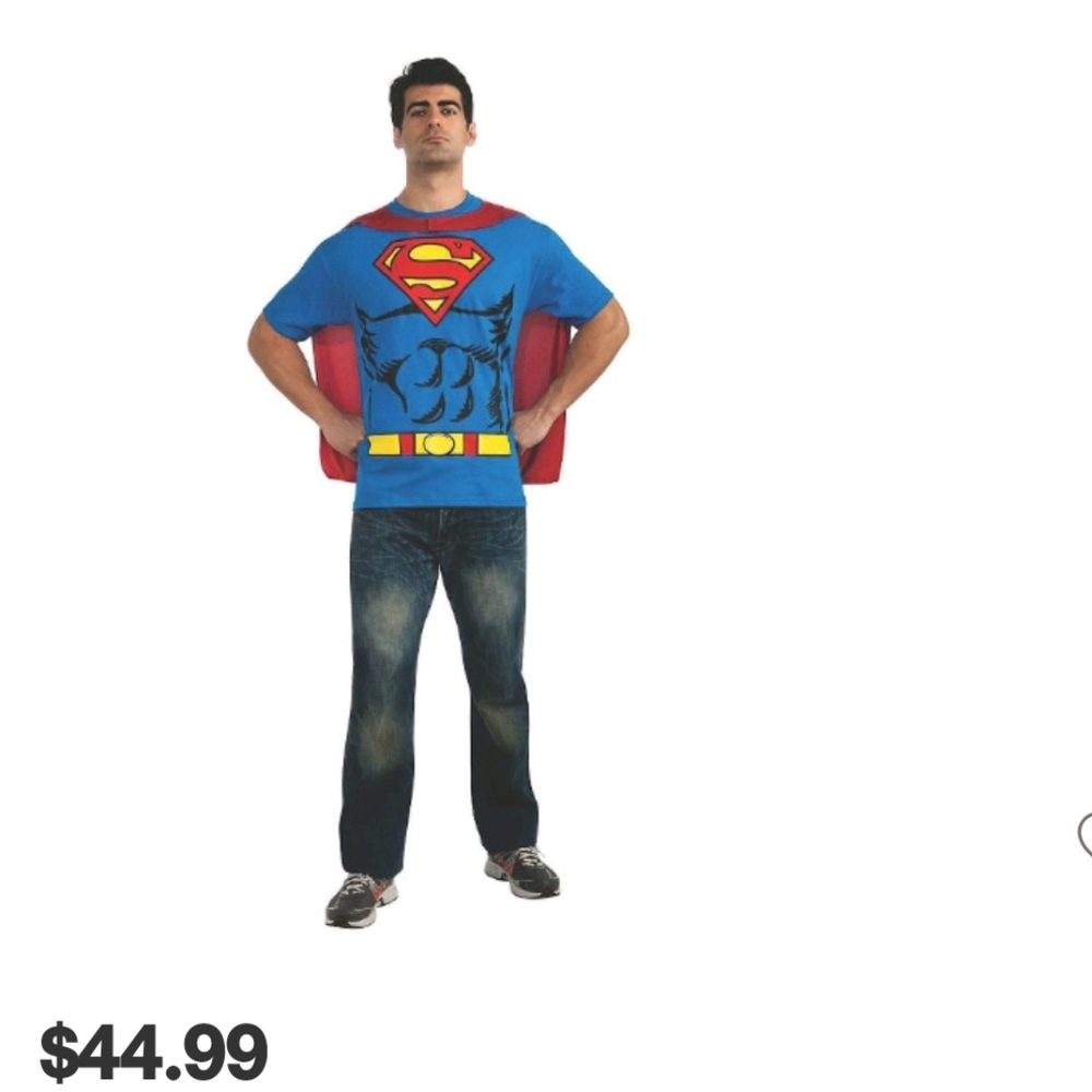 Mens Superman Shirt Halloween Costume ~ Removable Cape ~ Blue, Red